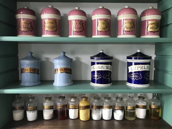 Period bottles and equipment in the McDowell apothecary shop